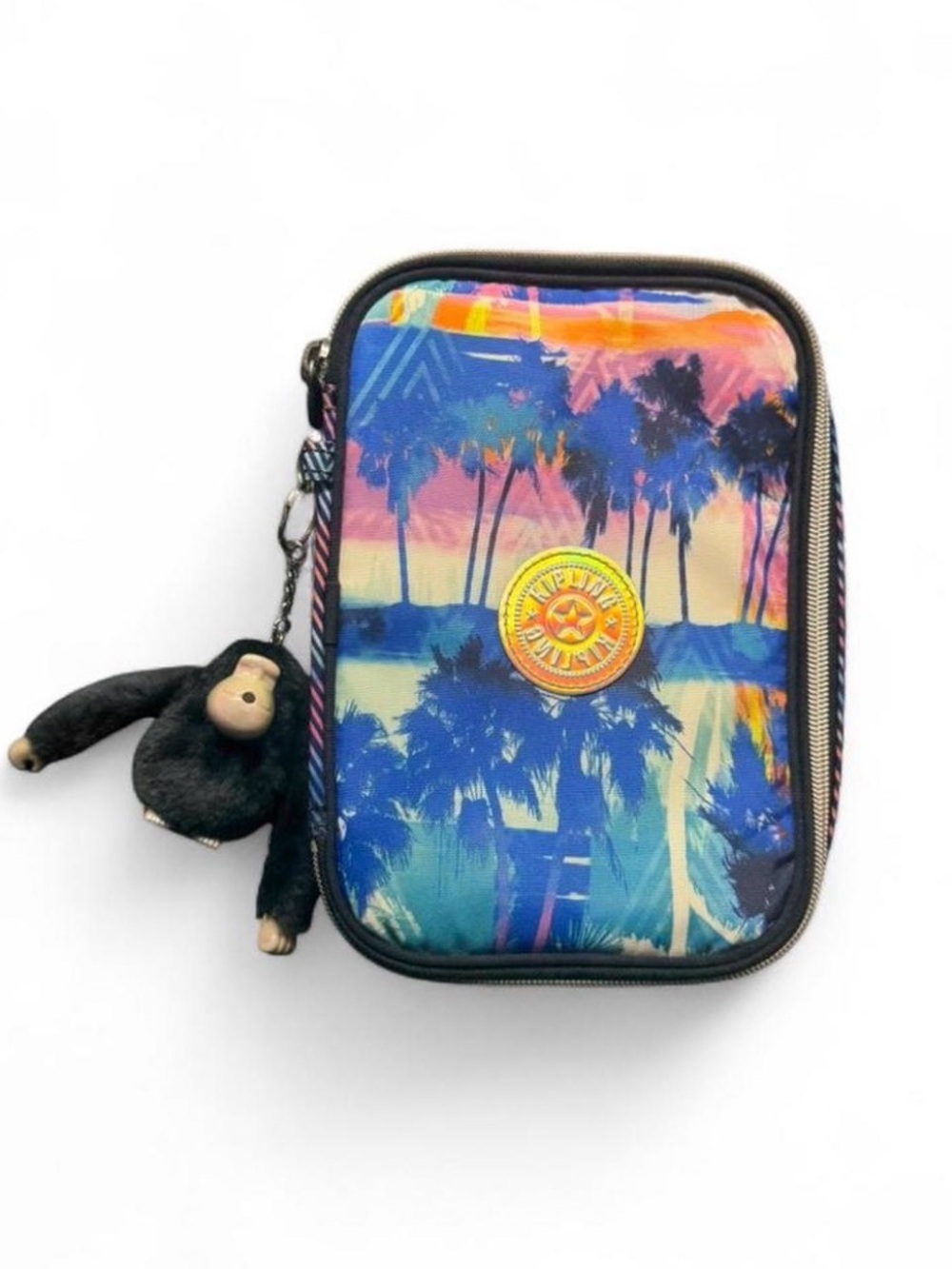 Kipling Multicolor Palm Tree Print Cosmetic Pouch with Monkey Keychain
